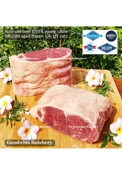 Beef Sirloin AGED BY GOODWINS Australia STEER young cattle (Striploin / New York Strip / Has Luar) frozen brand Harvey/Midfield ROAST SMALL 4-5" +/-1.3 kg/pc (price/kg)